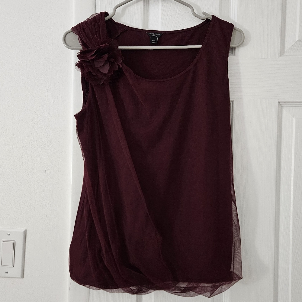 Ann Taylor Dark Purple/Burgundy Sleeveless Top with Flower Design, Size MP